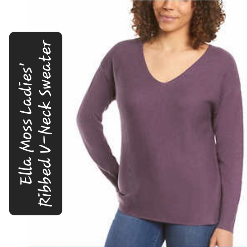 Ella Moss Ladies' Ribbed V-Neck Sweater, Purple